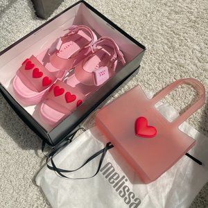 SOLD Melissa x Lazy Oaf Pink Heart Platform Chunky Sandals and Matching Bag Set